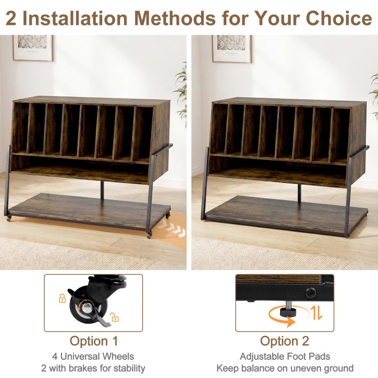 Turntable stand with charging station, rustic brown finish, featuring adjustable foot pads and universal wheels for.