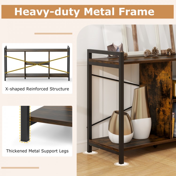 3-tier rustic brown TV stand with heavy-duty metal frame and anti-falling guardrails for 55" TVs, offering ample.