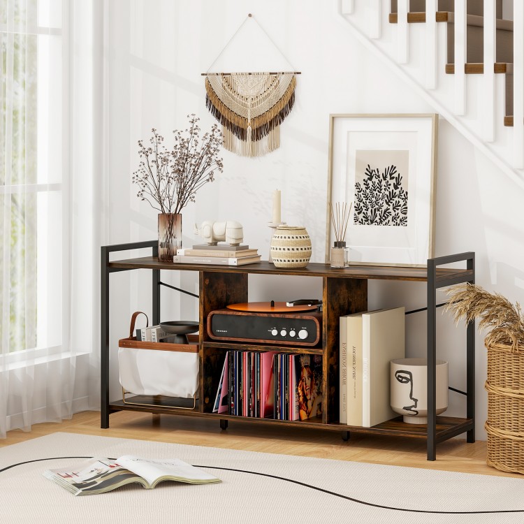 Open shelving TV stand in rustic brown, designed for 55" TVs, showcasing a sturdy metal frame and stylish decor setup.
