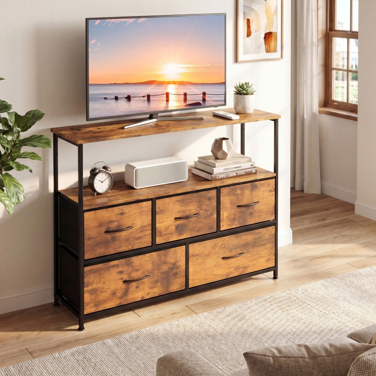 TV stand dresser in rustic brown and black with 5 fabric drawers, designed for 45-inch TVs, ideal for living room use.