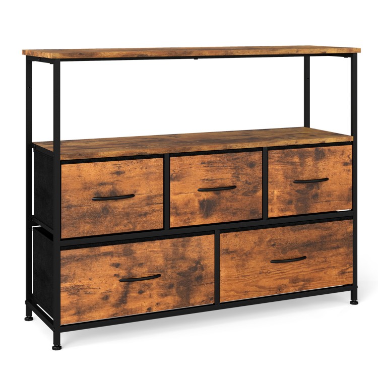 Rustic brown and black TV stand dresser featuring a sturdy metal frame with adjustable foot pads, designed for.
