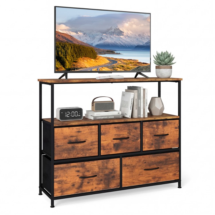TV stand dresser in rustic brown and black with 5 fabric drawers, designed for TVs up to 45 inches, ideal for living.