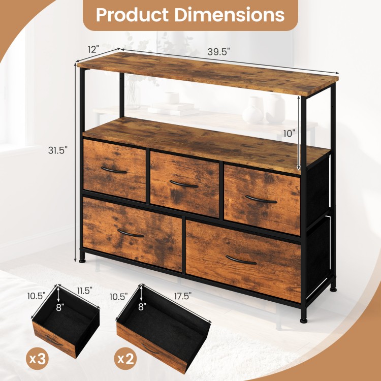Product dimensions of the brown TV stand dresser with 5 fabric drawers, suitable for 45-inch TVs, showcasing size.