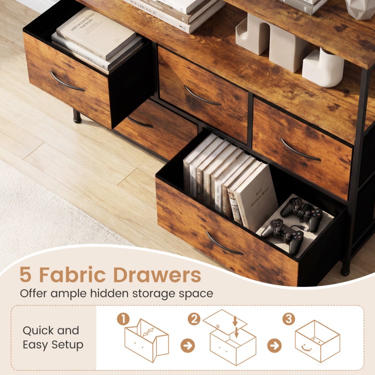 TV stand dresser featuring 5 fabric drawers in rustic brown and black, providing ample hidden storage for living spaces.