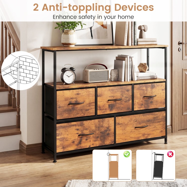 TV stand dresser in rustic brown and black with 5 fabric drawers and open shelf, ideal for 45-inch TVs.