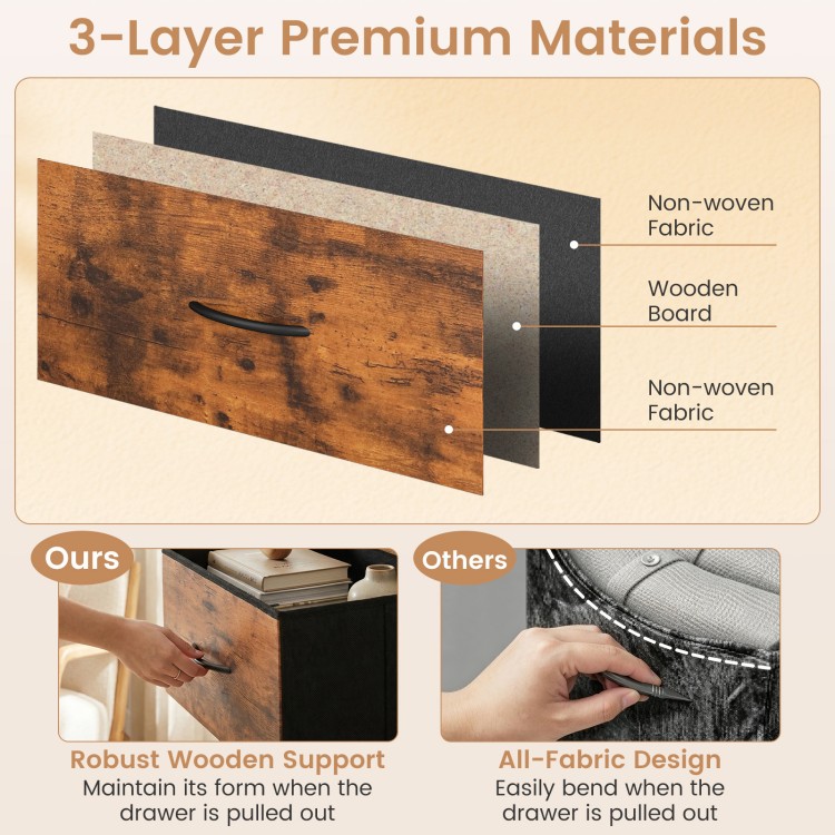 Close-up of 3-layer premium materials in fabric drawer for TV stand dresser, showcasing robust wooden support and.