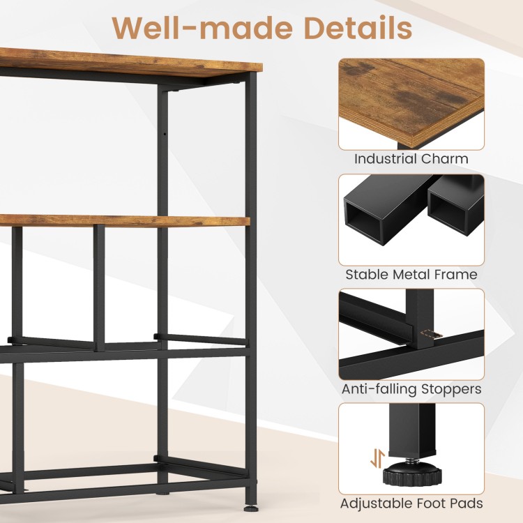 TV stand dresser with 5 fabric drawers, rustic brown and black colors, stable metal frame, for living room or bedroom.
