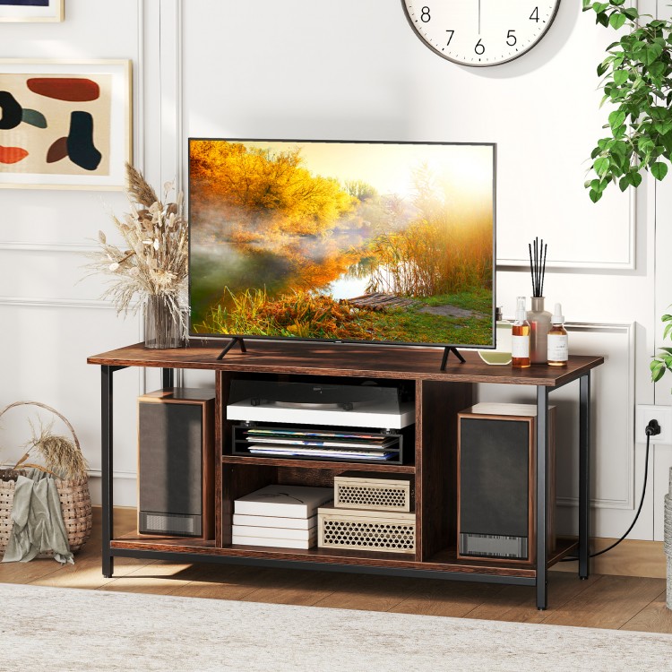 Rustic brown TV stand with open storage shelves, accommodating TVs up to 50 inches, featuring power outlets and cable.