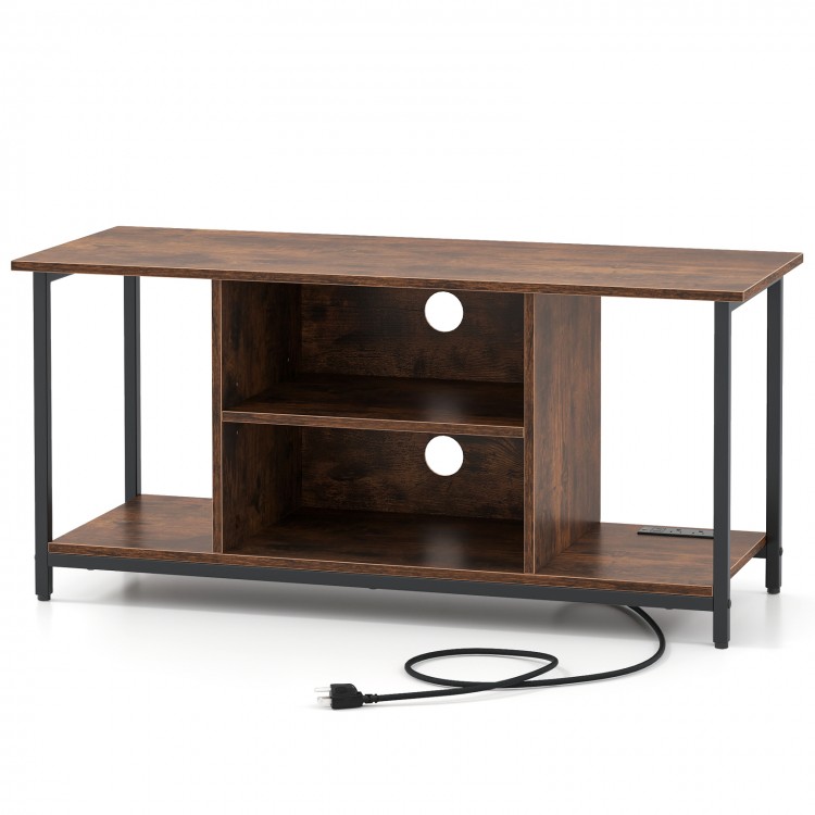 Rustic brown TV stand with open storage, featuring two compartments and built-in charging station for media.