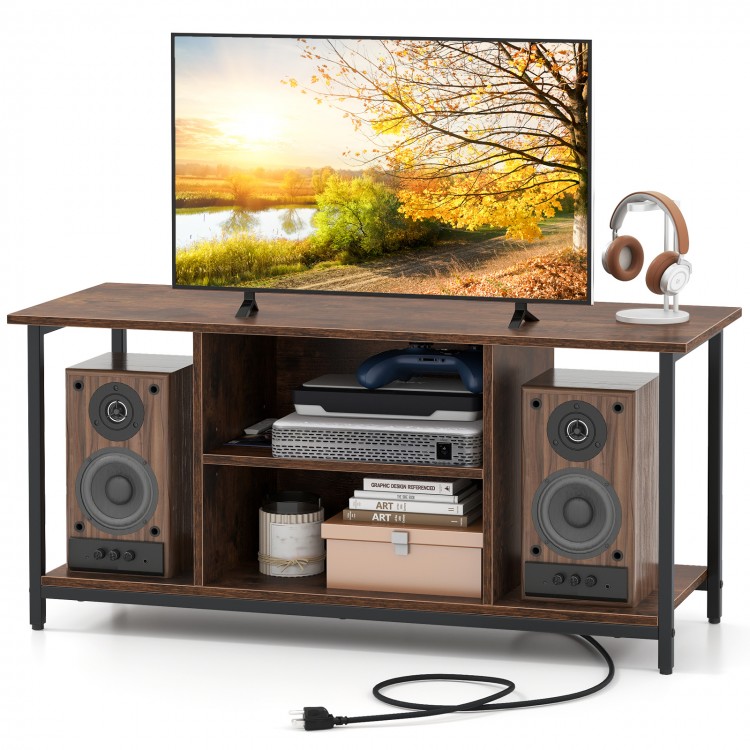 Rustic brown TV stand with a wide top for TVs up to 50 inches, featuring two open compartments for media storage.