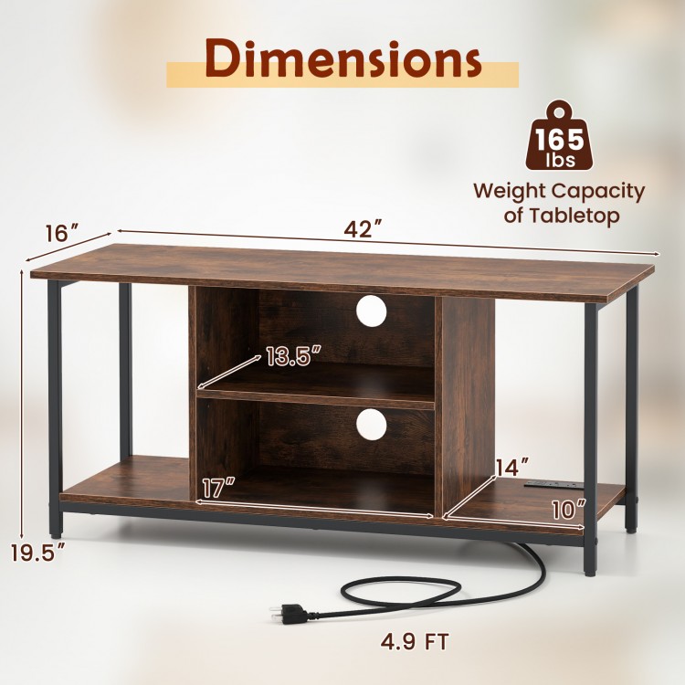 Rustic brown TV stand with open storage shelves, accommodating TVs up to 50 inches and featuring built-in power outlets.