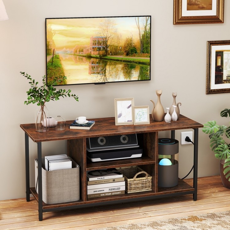 Rustic brown TV stand featuring two open compartments and a built-in charging station, perfect for organizing media.