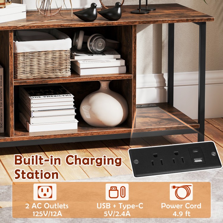 Rustic brown TV stand with open storage shelves, built-in charging station, and space for TVs up to 50 inches.
