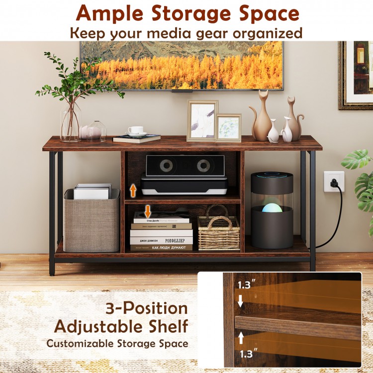 Rustic brown TV stand showcasing adjustable shelves and open compartments, designed for organizing media equipment.