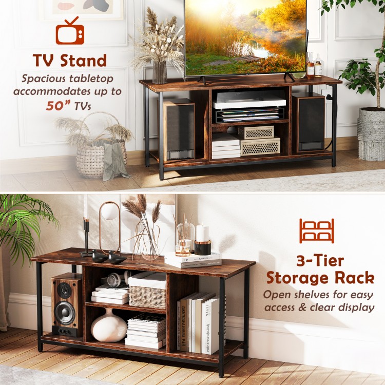 TV stand in rustic brown with open shelves, accommodating TVs up to 50 inches, ideal for media organization and display.