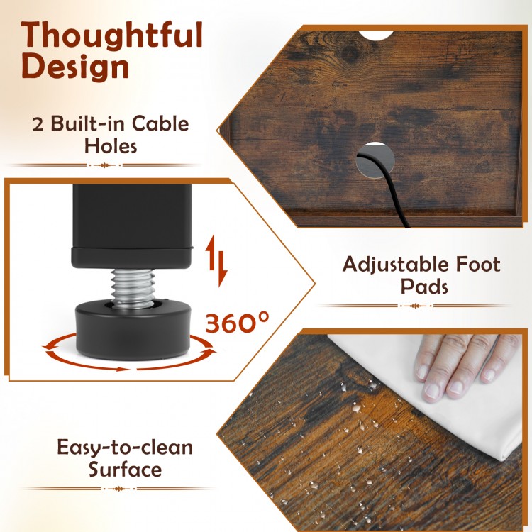 Detail of the TV stand's adjustable foot pads and cable management holes, featuring a rustic brown finish for stability.
