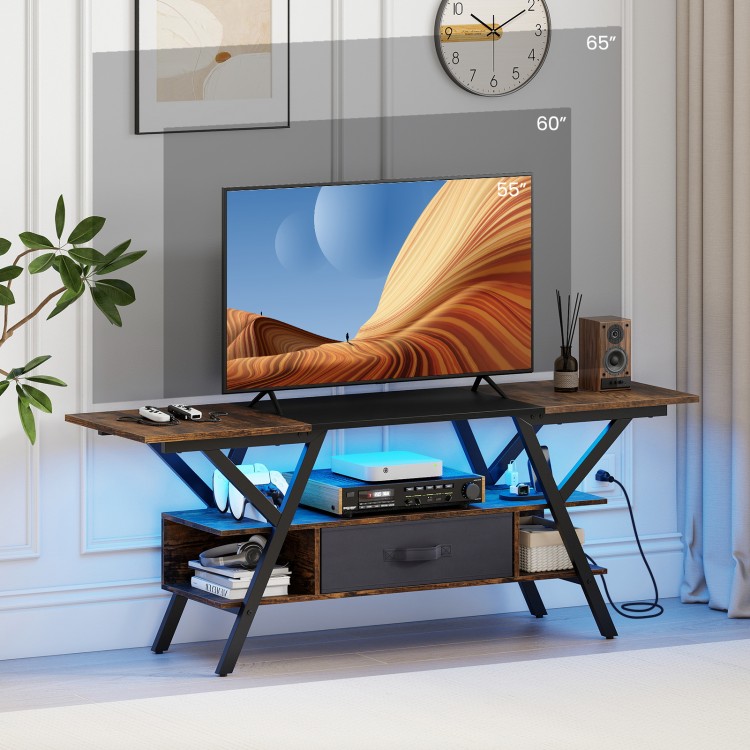 TV stand in rustic brown for 65-inch TVs, featuring adjustable LED lights, power outlets, and ample storage space.