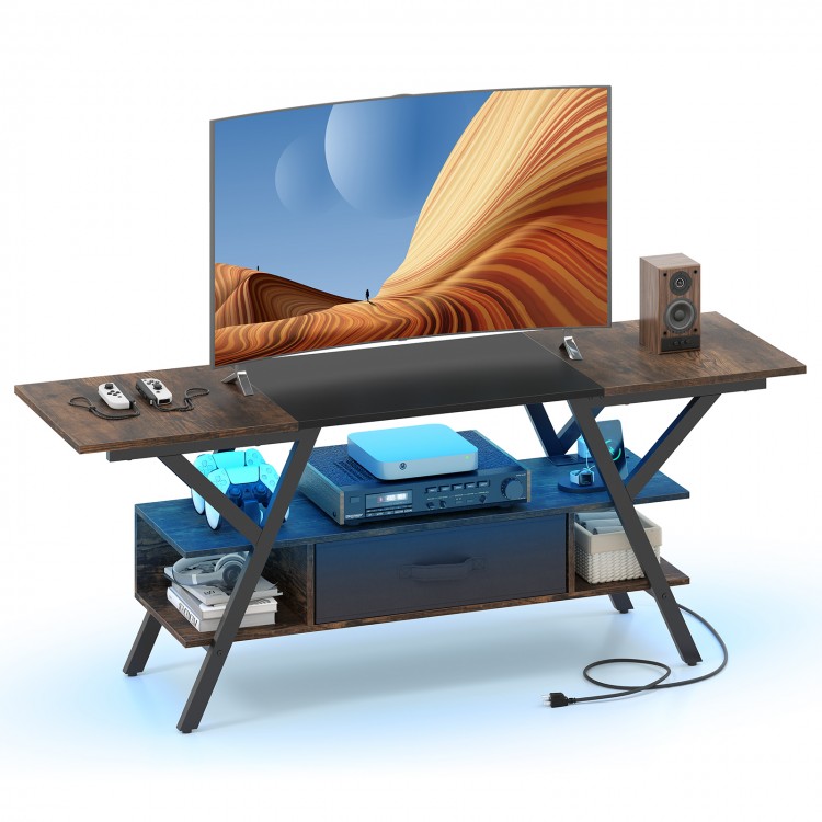 Side view of rustic brown TV stand for 65-inch TVs, featuring built-in power outlets and adjustable LED lights for.