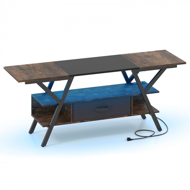 Rustic brown TV stand for 65-inch TVs featuring adjustable LED lights, built-in power outlets, and ample storage space.