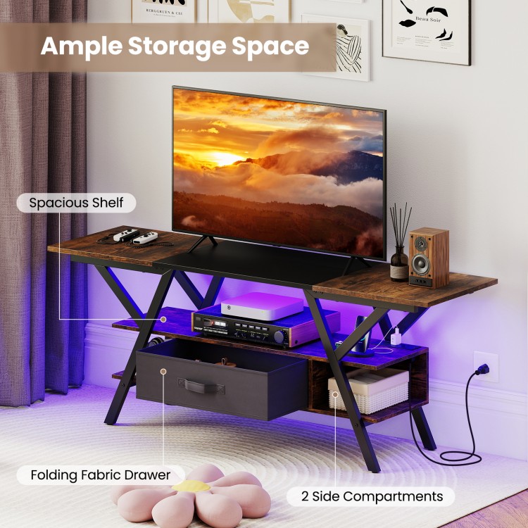 TV stand in rustic brown with adjustable LED lights, spacious shelf, fabric drawer, and two side compartments for.