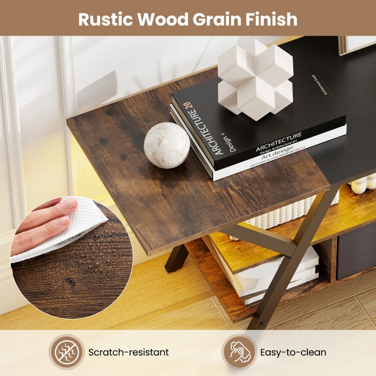 Close-up of the rustic wood grain finish on the TV stand, showcasing its scratch-resistant and easy-to-clean surface.