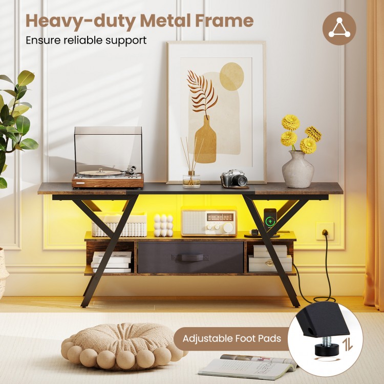 Rustic brown TV stand for 65-inch TVs with adjustable LED lights, power outlets, and heavy-duty metal frame for.