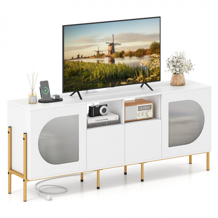 TV stand in white for 70-inch TV featuring drawers, open shelves, and built-in power outlets for convenient media.