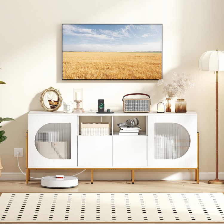 White TV stand for 70-inch TV featuring drawers, open shelves, and built-in power outlets for convenient media storage.