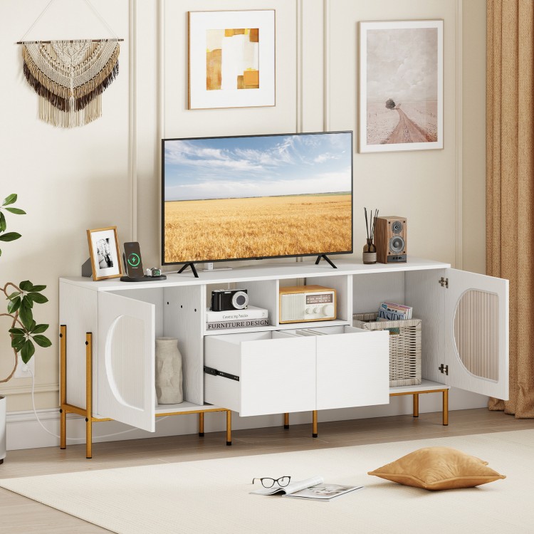 White TV stand designed for 70-inch TVs, showcasing open shelves and dual drawers with a built-in charging station.