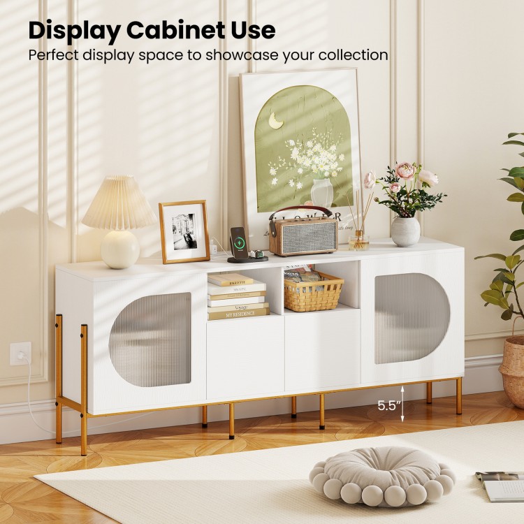 White TV stand with wavy cabinet doors, open shelves, and built-in charging station for 70-inch TVs, perfect for.