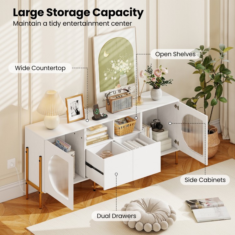 TV stand with open shelves, dual drawers, and side cabinets, designed for 70-inch TVs, featuring a white finish.
