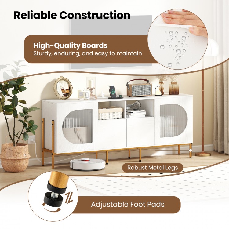 TV stand for 70-inch TV featuring sturdy white boards, robust metal legs, and adjustable foot pads for versatile.