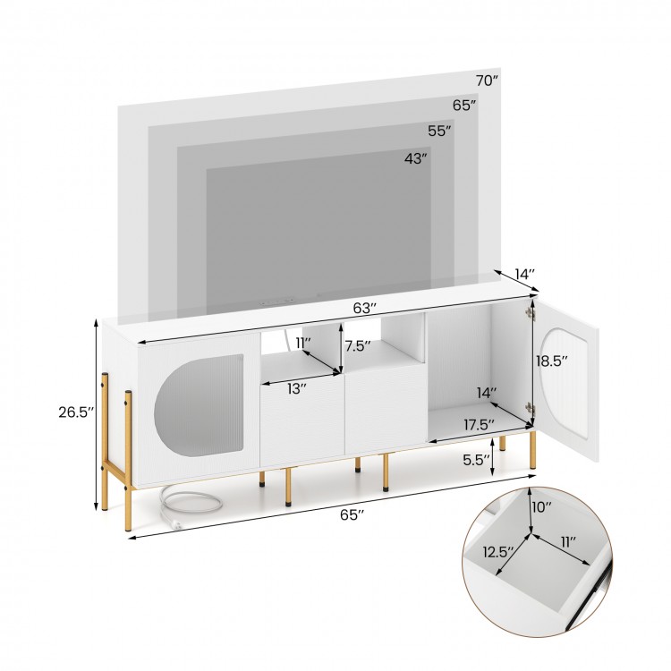 TV stand for 70 inch TV with drawers and open shelves, featuring a white finish and sturdy metal legs for media storage.