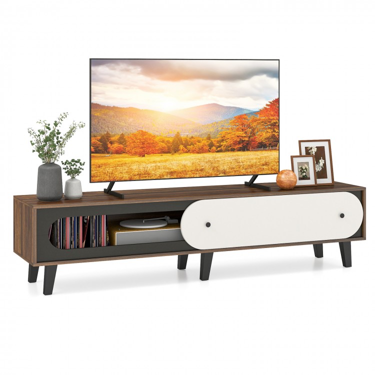 Mid-century modern TV stand in walnut finish with sliding door cabinet, designed for 80-inch TVs and media organization.