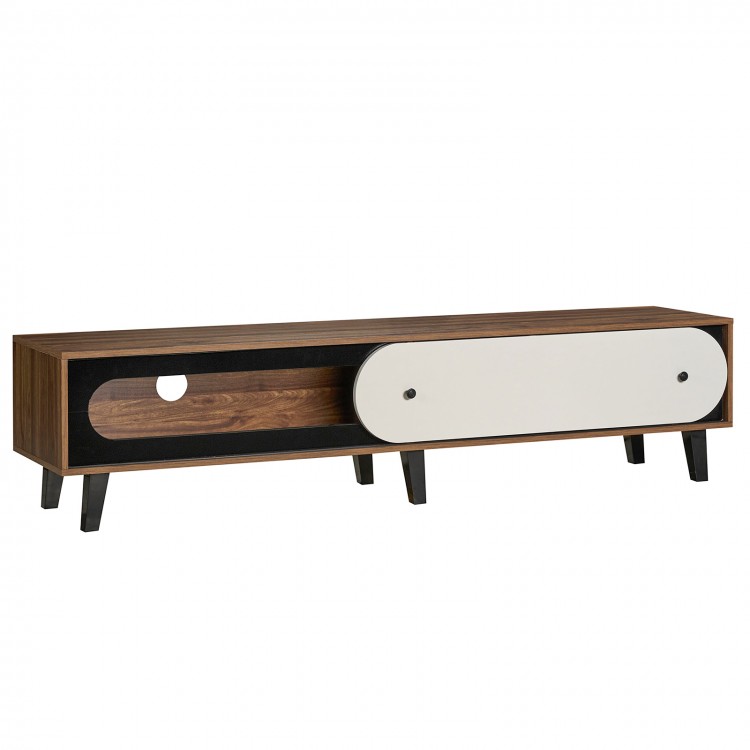 Mid-century modern TV stand in walnut with sliding door cabinet, designed for 80-inch TVs and featuring ample storage.