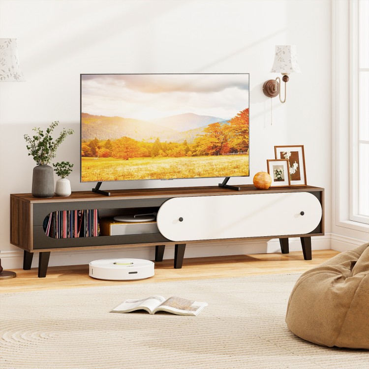 Mid-century modern TV stand in walnut finish, featuring sliding door cabinet and spacious tabletop for 80-inch TVs.