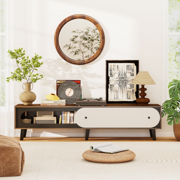 Mid-century modern TV stand in walnut with sliding door, designed for 80-inch TVs, featuring ample storage and cable.