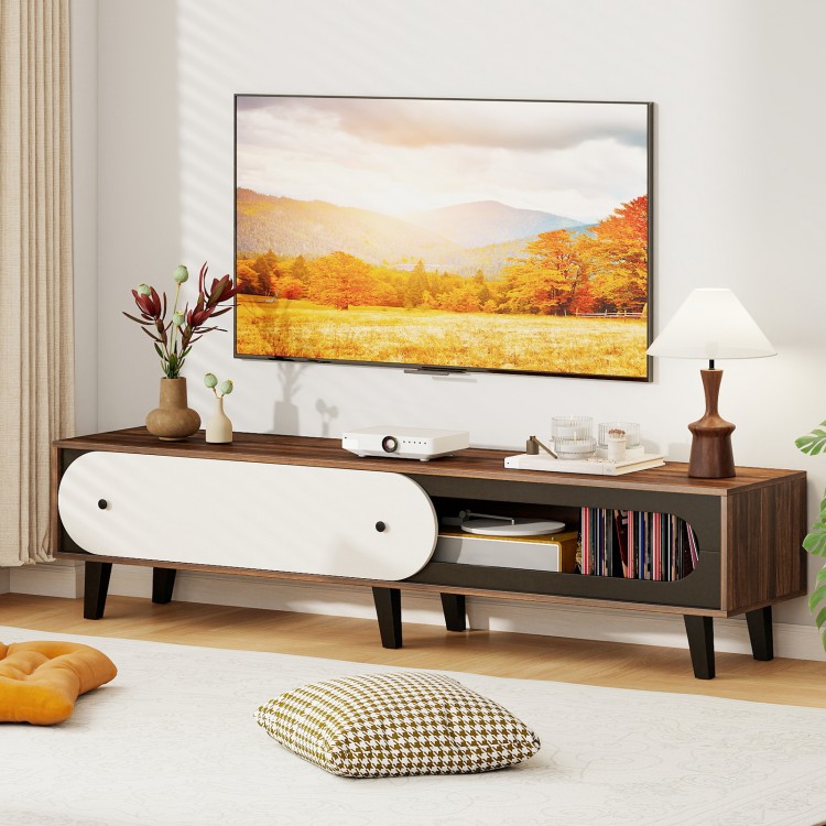 Mid-century modern TV stand in walnut with sliding door cabinet, suitable for 80-inch TVs, featuring ample storage and.