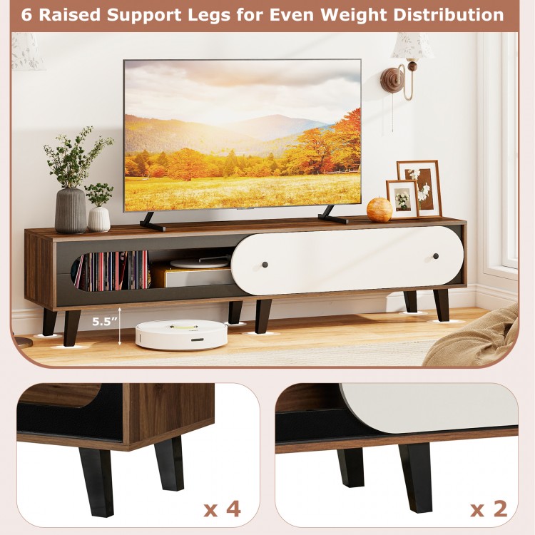 Mid-century modern TV stand in walnut with sliding door, suitable for 80-inch TVs, featuring 6 raised support legs.