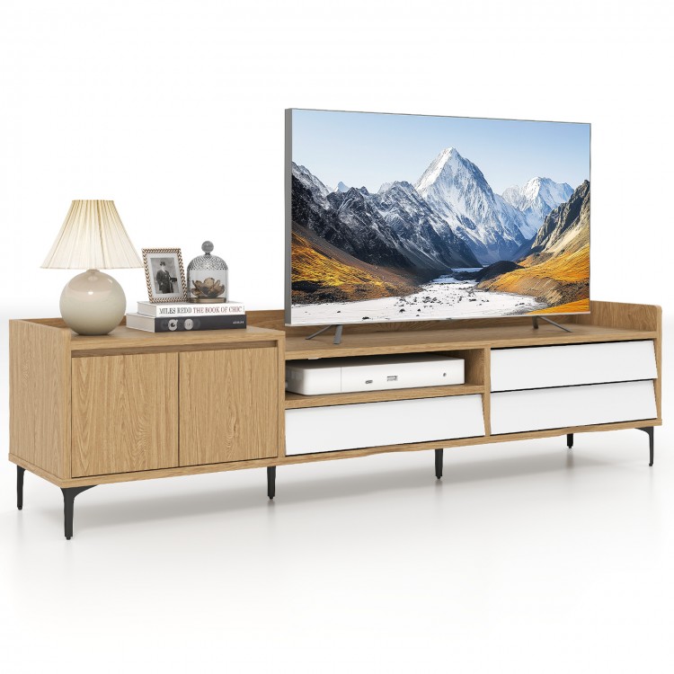 Mid-century modern TV stand in natural finish, featuring storage cabinet and drawers for TVs up to 80 inches.