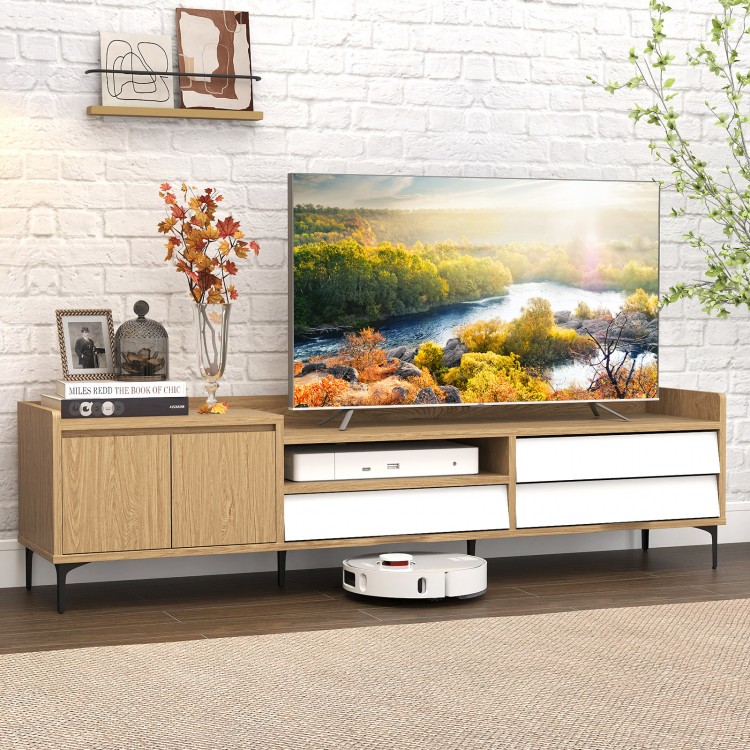 Mid-century modern TV stand in natural wood, featuring storage cabinet and drawers, suitable for TVs up to 80 inches.