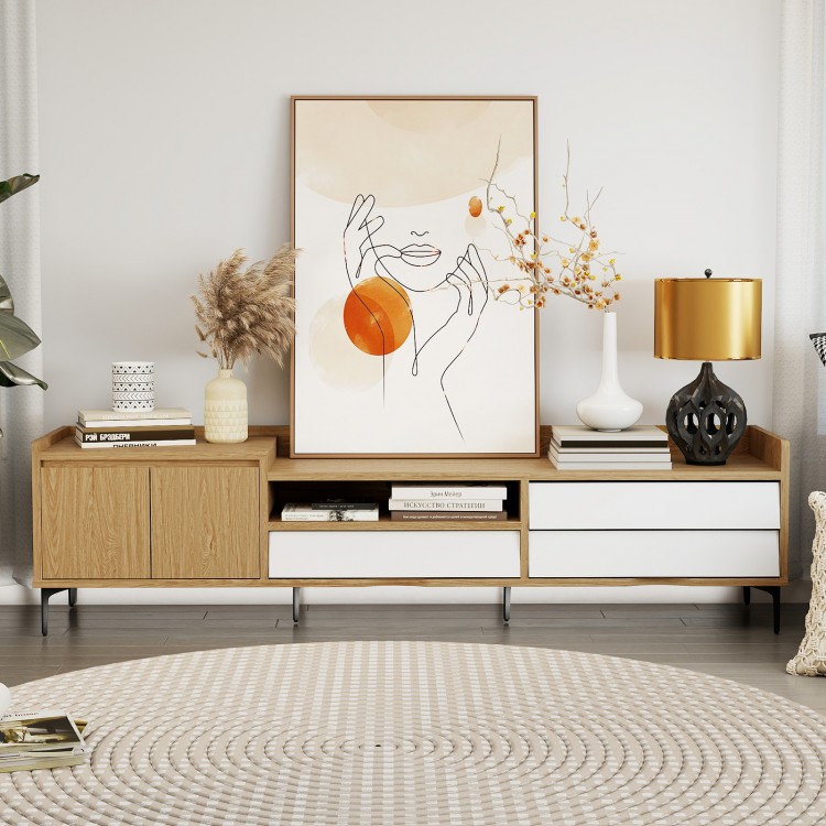 Mid-century modern TV stand with natural wood finish, featuring storage cabinets and drawers for organized media.