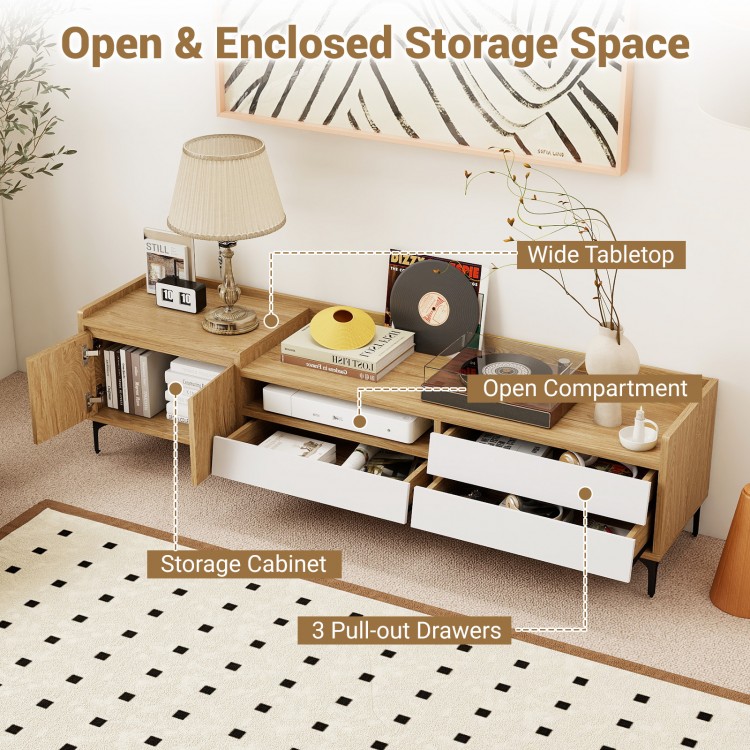Mid-century modern TV stand with wide tabletop, storage cabinet, and 3 pull-out drawers for organized media storage.