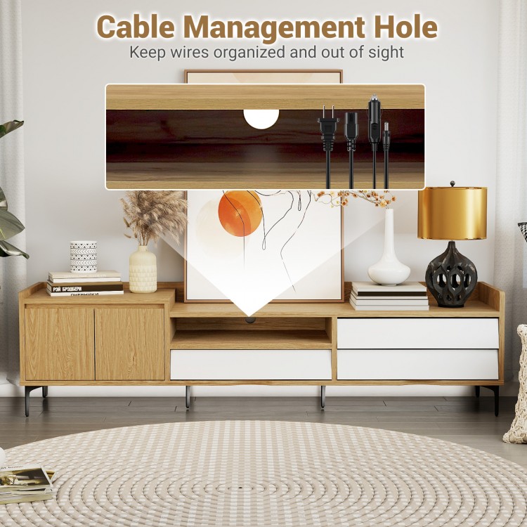 Cable management hole on the mid-century modern TV stand for organized wires, featuring natural wood finish and storage.