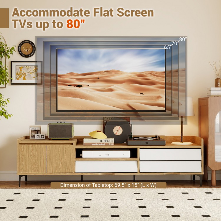 Mid-century modern TV stand for TVs up to 80 inches, featuring storage cabinet, drawers, and cable management.