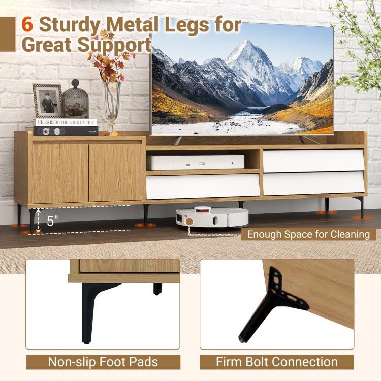 Mid-century modern TV stand with natural finish, featuring 6 sturdy metal legs and storage drawers for organized media.
