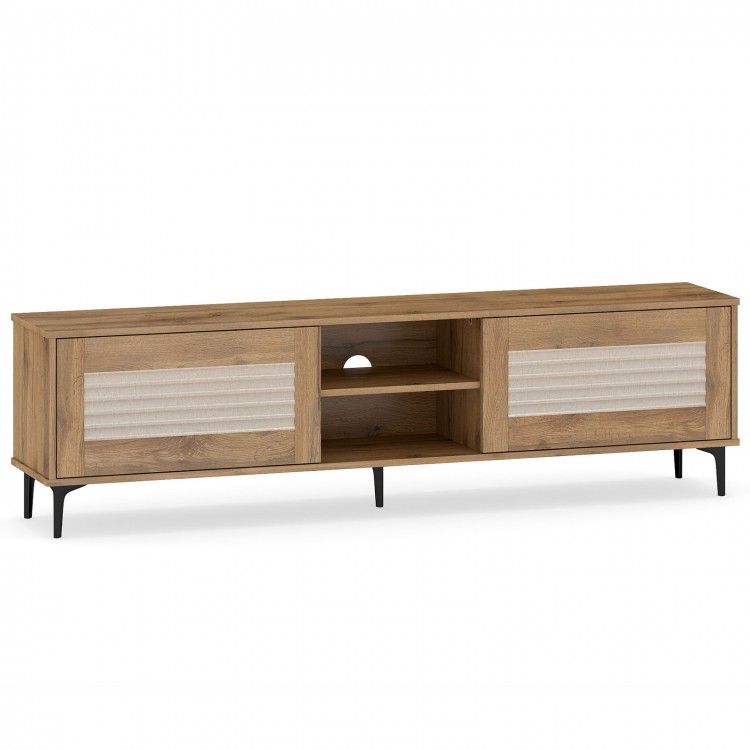 TV stand for TVs up to 70 inches with oak finish, fluted doors, and open shelves for media storage and decor.