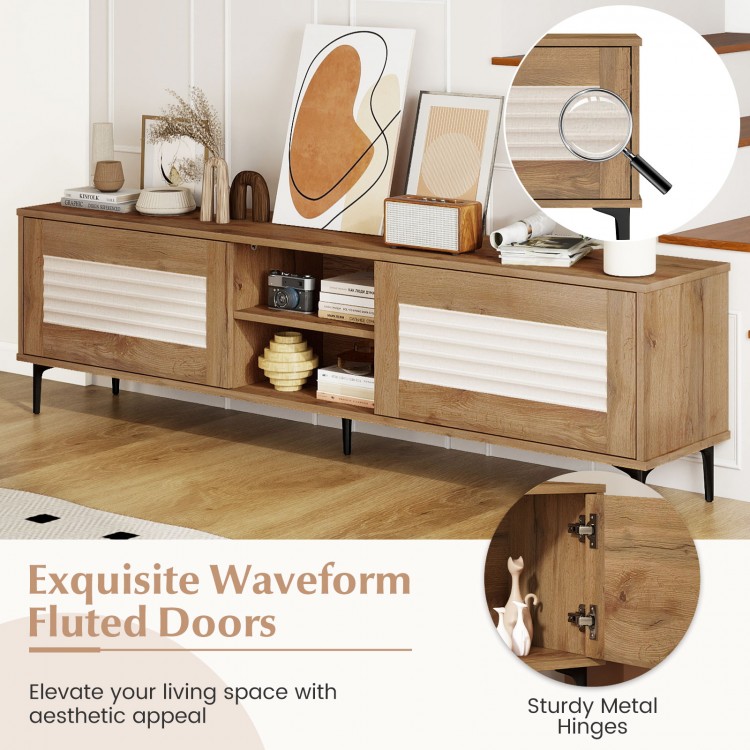 TV stand with waveform fluted doors, oak finish, spacious for TVs up to 70", featuring open shelves and sturdy metal.