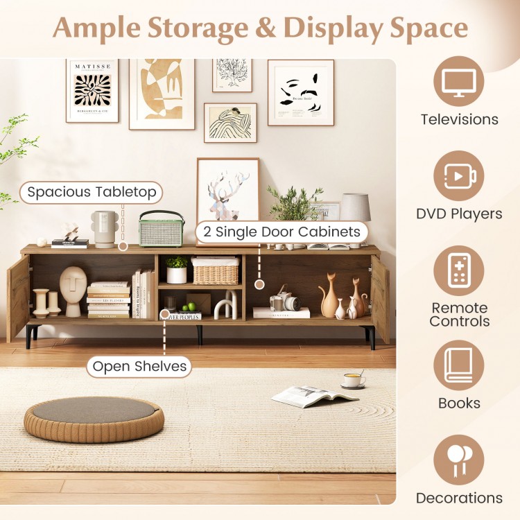 TV stand with spacious tabletop, 2 cabinets, and open shelves for TVs up to 70 inches, featuring waveform fluted doors.