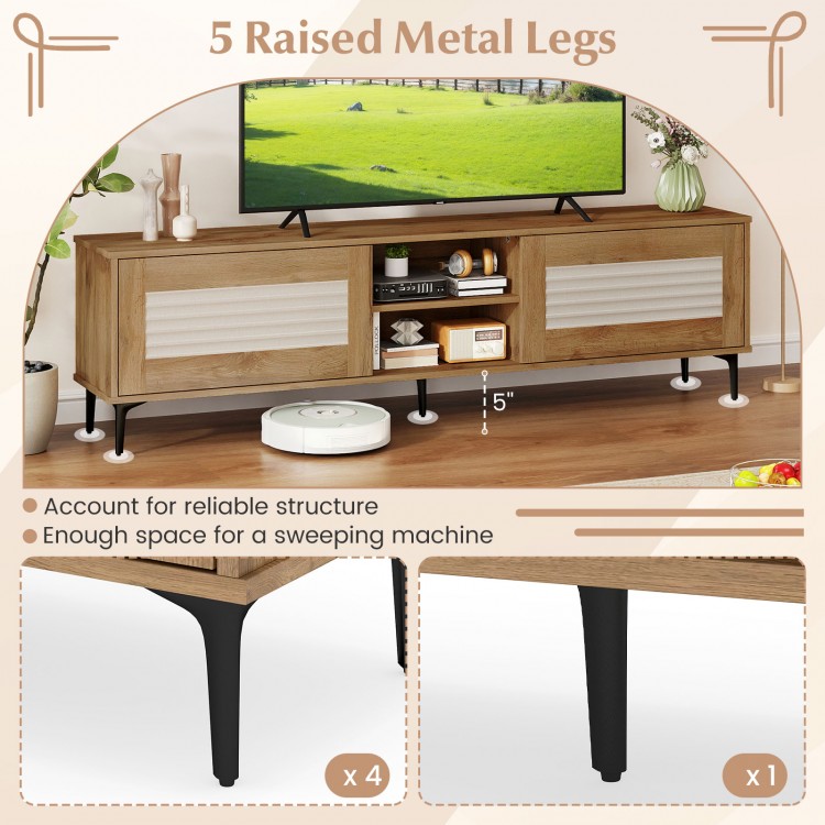 TV stand with oak finish, fluted doors, and 5 raised metal legs for TVs up to 70 inches, featuring open shelves and.